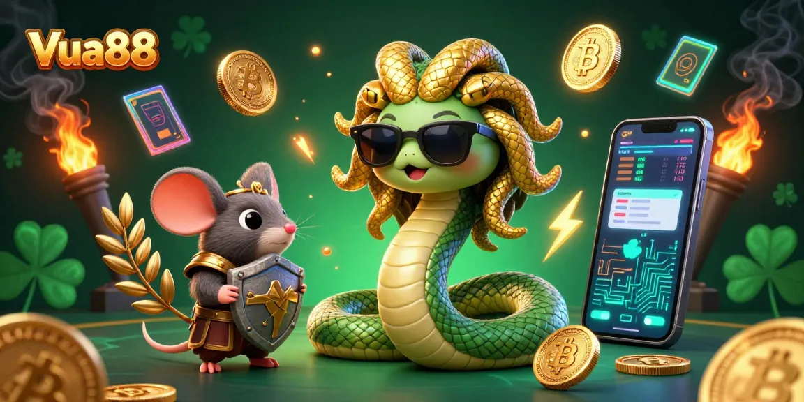 Experience the excitement of Vua88 with a colorful 3D illustration featuring gaming elements and characters.