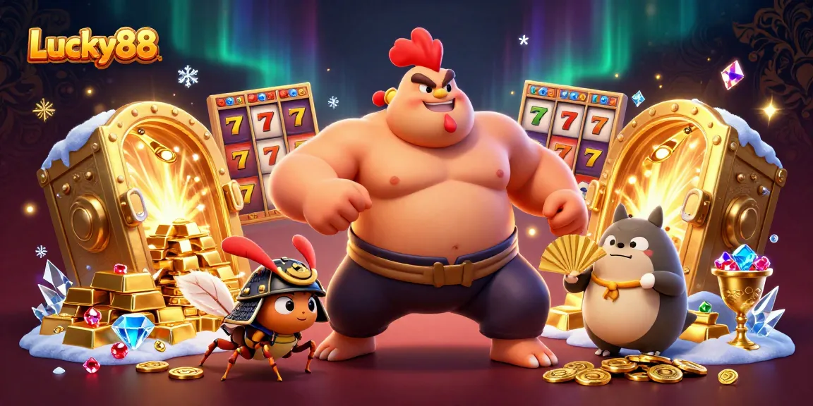 Experience big wins with Lucky88 in a vibrant casino scene featuring dynamic characters and rich treasures.