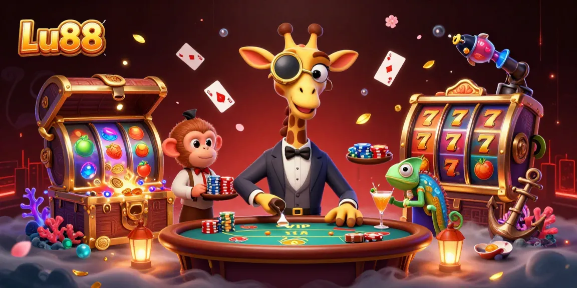 Engaging scene showcasing Lu88 with a giraffe in a suit at a VIP poker table amid vibrant casino elements.
