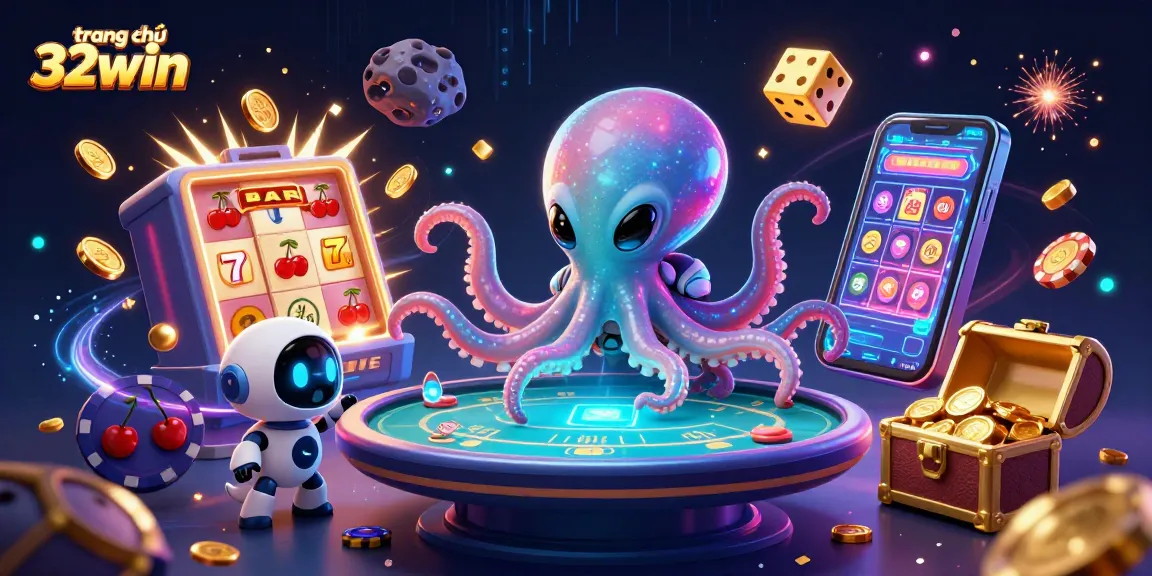 Engage with trang chủ 32win featuring a vibrant illustration of an alien octopus at a holographic poker table amidst sizzling casino elements.