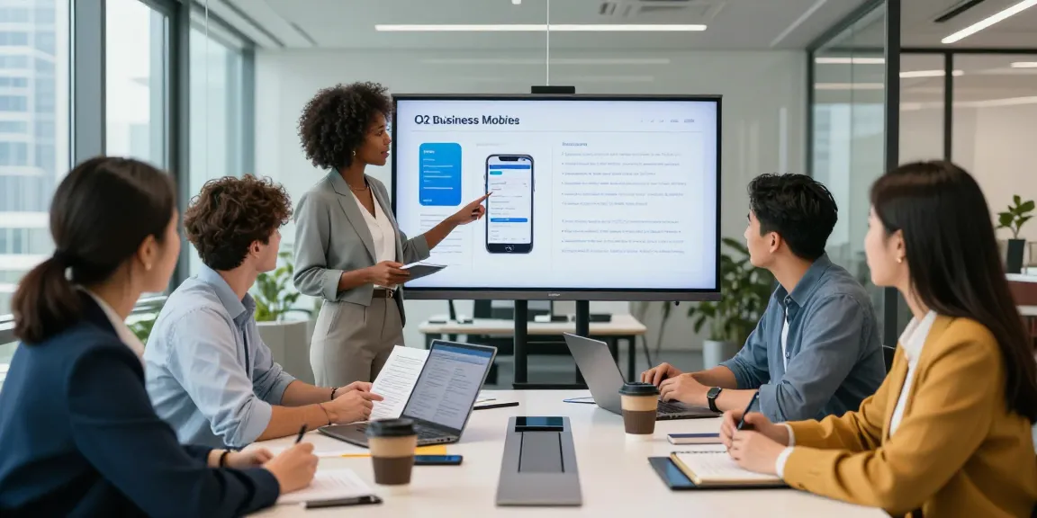 Team discussing O2 business mobile phone deals in a modern office setting, focusing on collaboration and professional support.