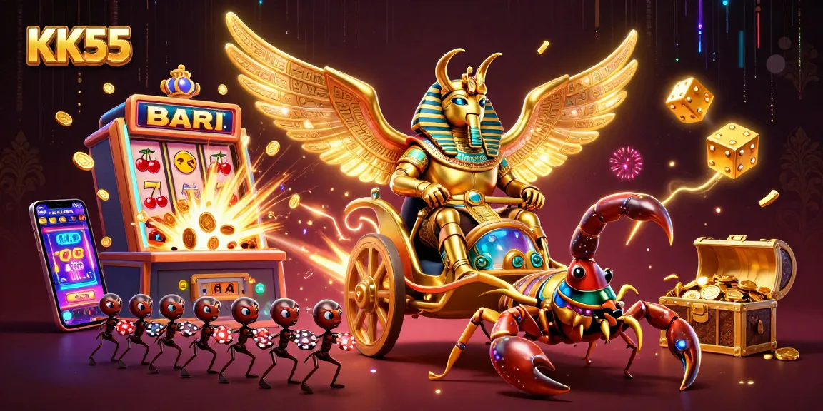 Experience thrilling gameplay at KK55 with a colossal scarab beetle amid dazzling casino elements.
