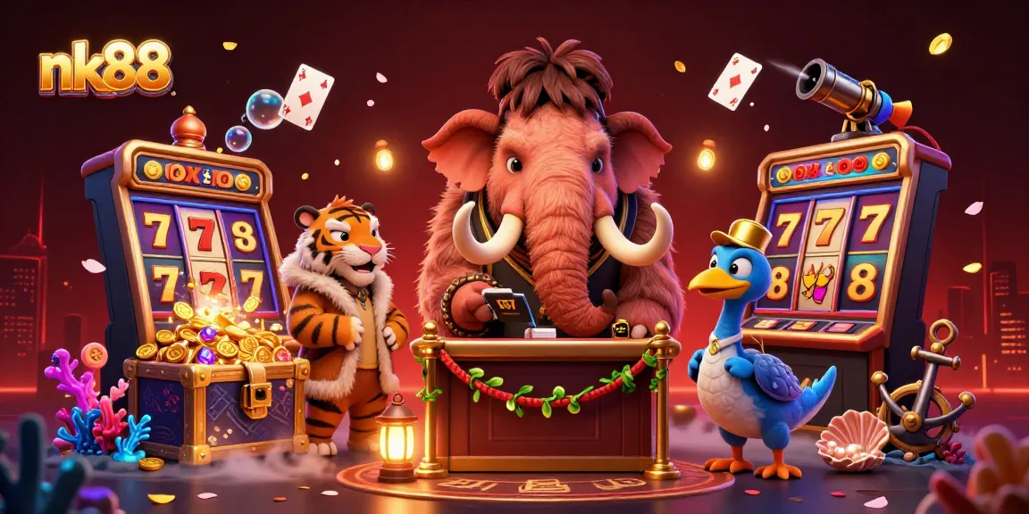 Engage with nk88's vibrant casino scene featuring a mammoth bouncer and treasures awaiting players.