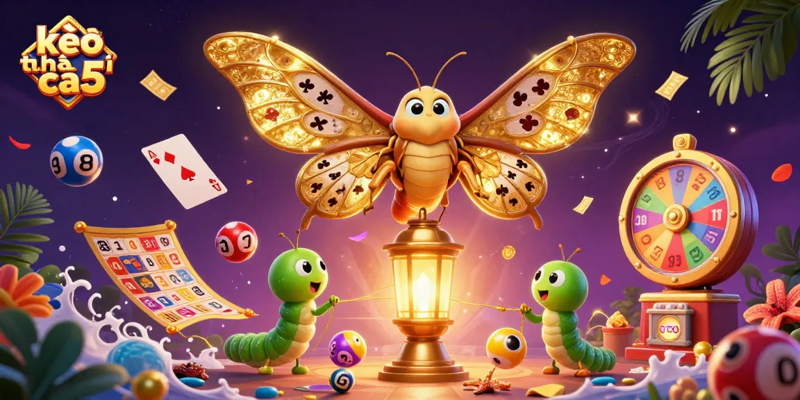 Place bets with kèo nhà cái 5, featuring vibrant lottery elements and a majestic moth.