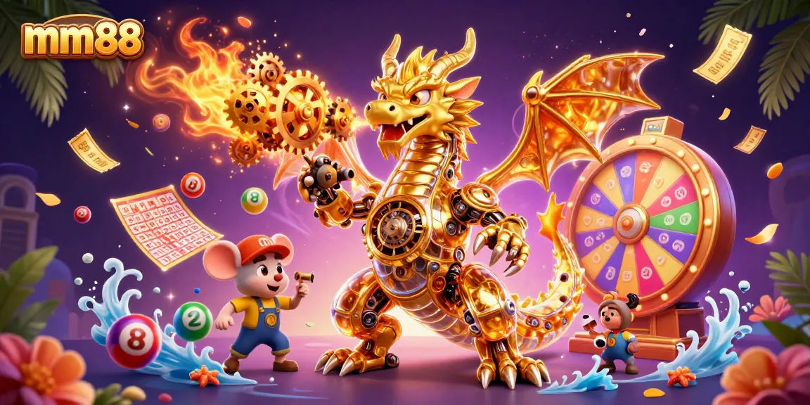 Experience thrilling gameplay at mm88 with a vibrant 3D illustration showcasing dynamic lottery and casino elements.