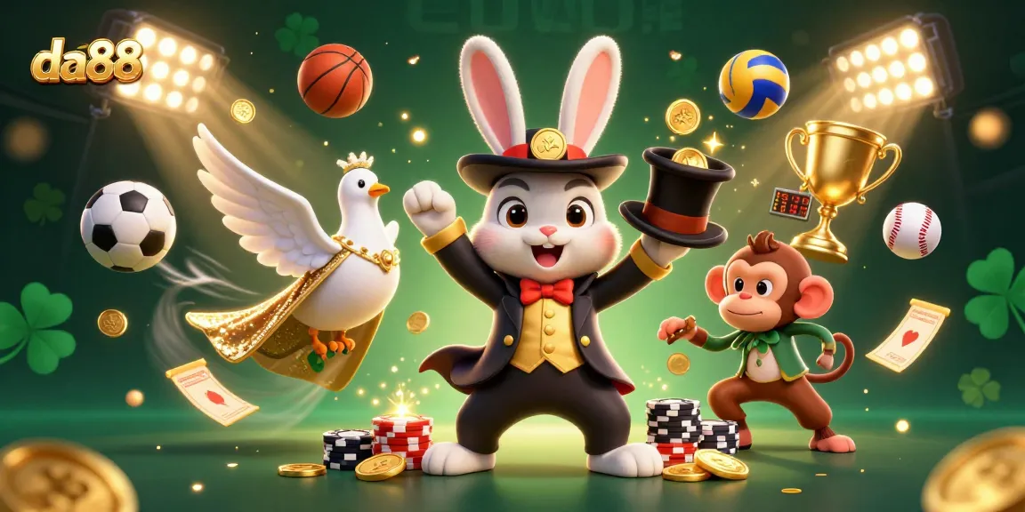 da88 showcases a vibrant 3D casino scene featuring a magician rabbit and sports elements.