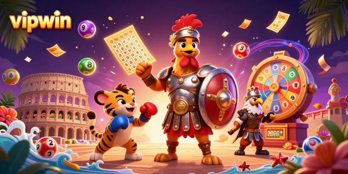 Experience the thrill with vipwin's vibrant casino games featuring a dynamic rooster hero.