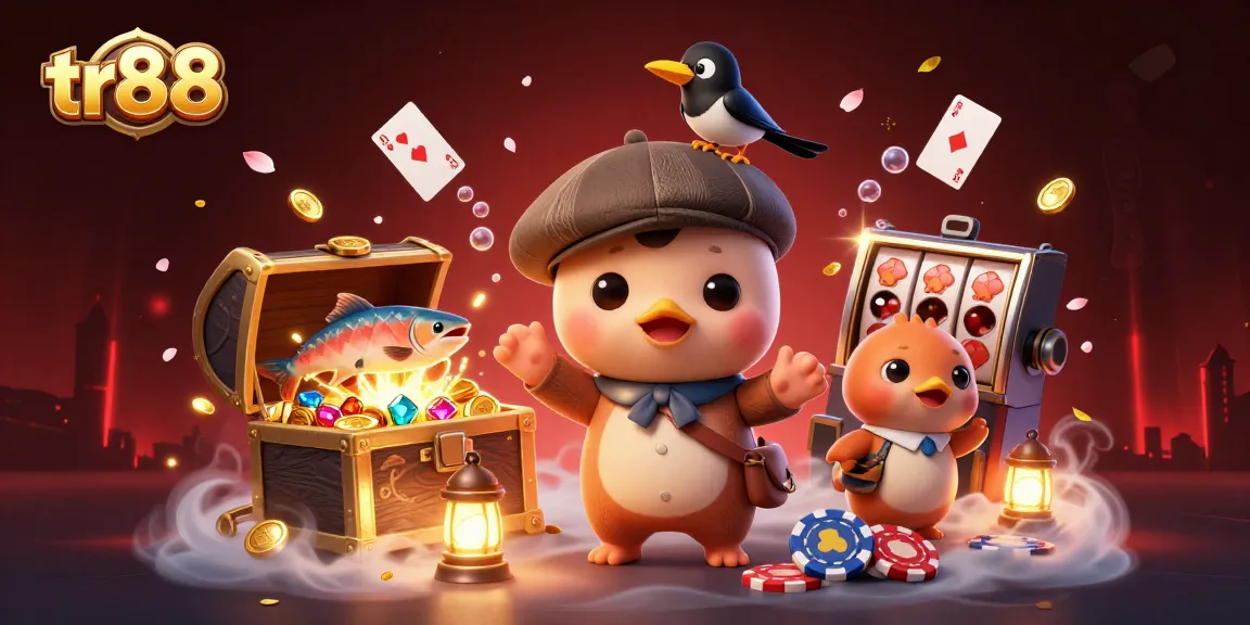 Experience thrilling games at tr88 with our dynamic 3D illustration featuring charming characters and casino elements.