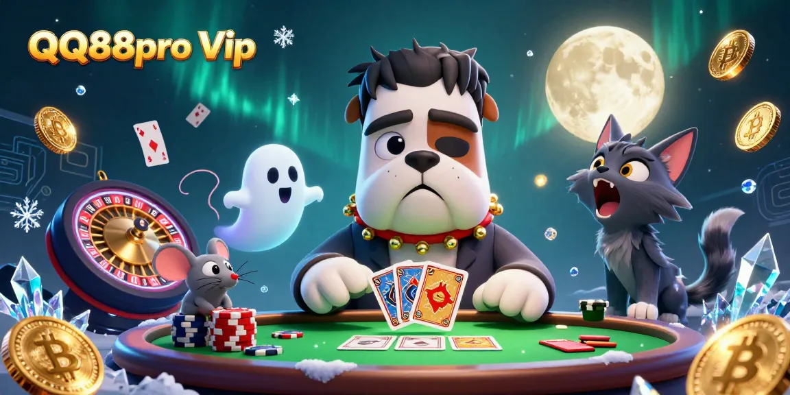 Engage in thrilling gameplay at QQ88pro Vip featuring a cartoon Frankenstein bulldog dealer and dynamic casino visuals.
