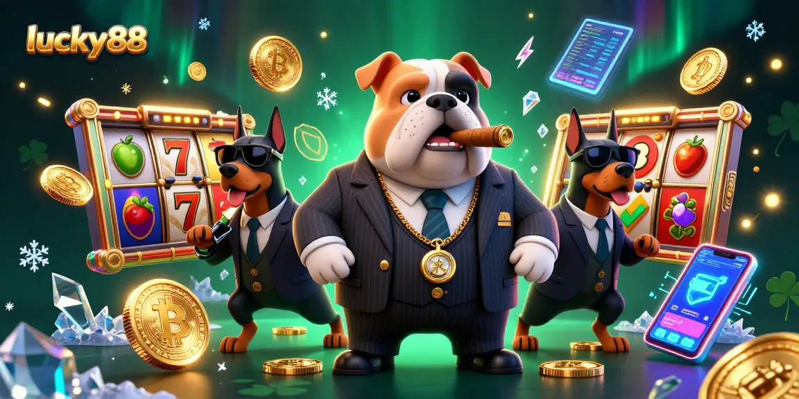 Experience lucky88 slot excitement with a mafia boss and bodyguards amidst glowing crypto coins.
