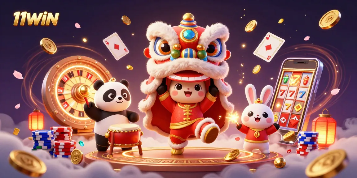 11WIN showcases an energetic casino celebration with vibrant characters, flying coins, and festive decorations.