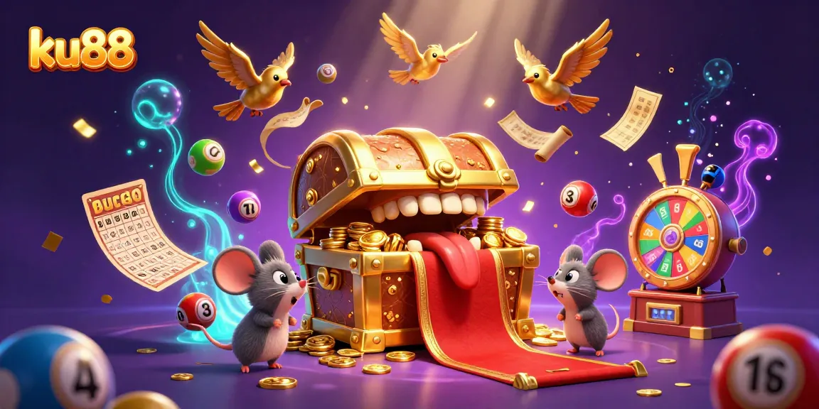 Win with ku88! Dynamic 3D illustration of a treasure chest and animated lottery elements.