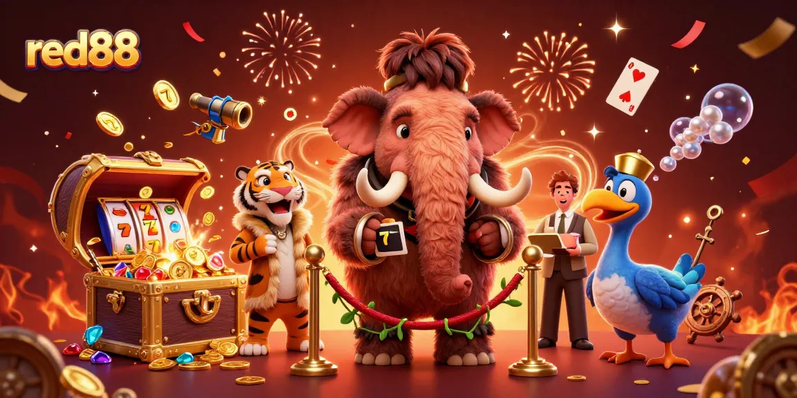 Experience the thrill of red88 with a vibrant casino scene featuring a woolly mammoth bouncer, a saber-tooth VIP, and exciting gaming elements.