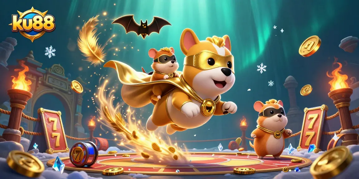 Engage with ku88 through a vibrant illustration featuring a superhero dog and slot elements.