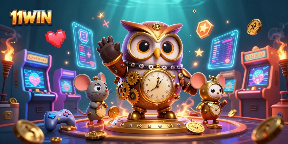 Engage in vibrant 11WIN casino experiences with a time-traveler owl amidst nostalgic gaming elements.