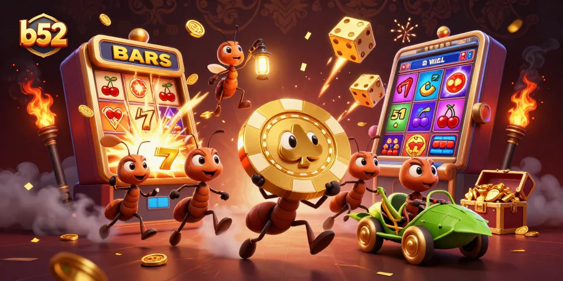 Engage with b52's exciting heist scene as cartoon ants carry a giant poker chip amidst vibrant casino elements.