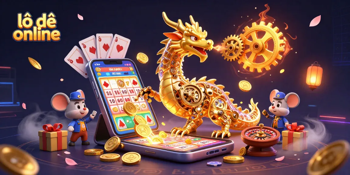 Engage in lô đề online with a dynamic scene featuring a golden dragon amidst gaming elements and vibrant effects.