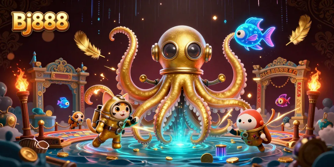 Bj888 offers thrilling online gambling experiences featuring a kraken, diving cat, and deep-sea fish.