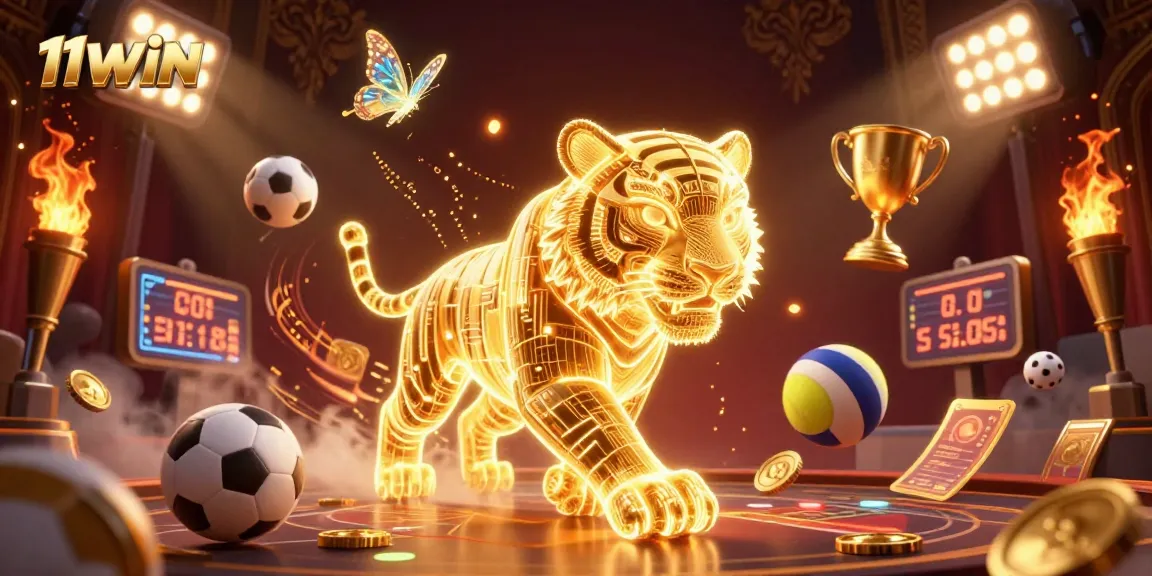 Experience the excitement of 11WIN in this vibrant casino scene with a glowing tiger.