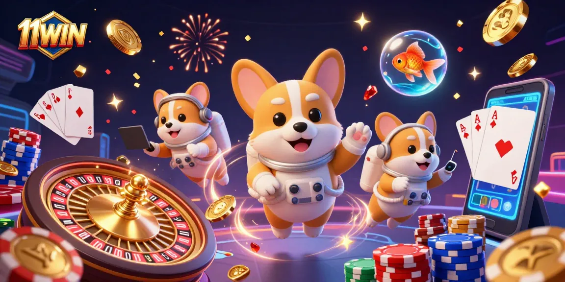 Experience thrilling jackpots at 11WIN with cartoon characters in a vibrant casino scene.