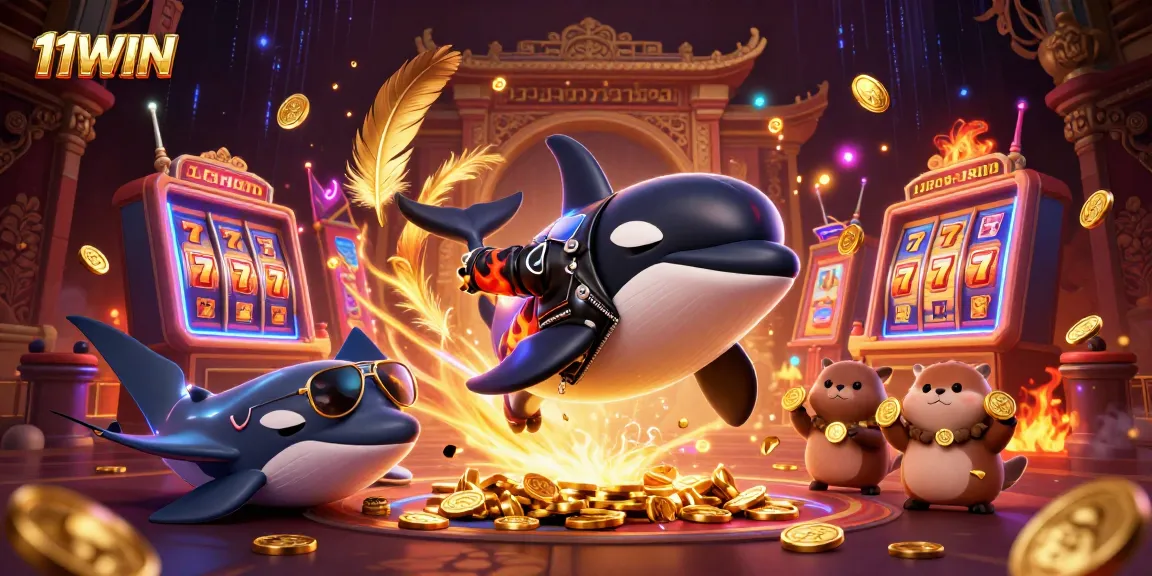 Experience 11WIN slot excitement with a dynamic 3D scene of marine characters celebrating wins.