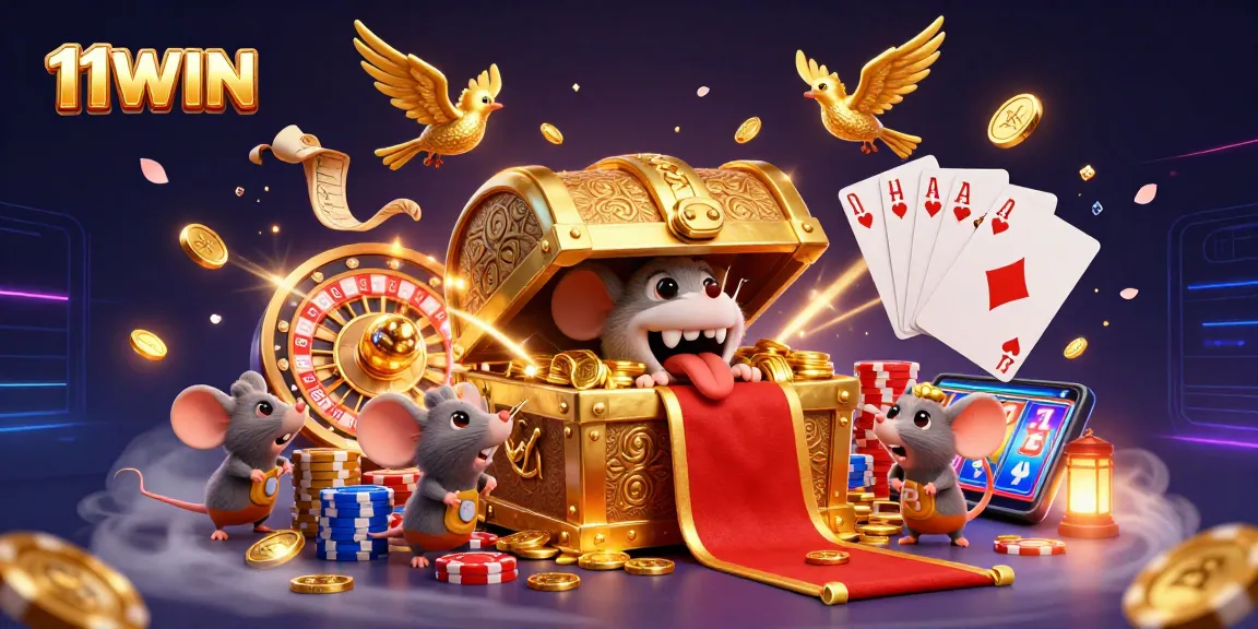 Experience the excitement at 11WIN with this animated casino scene featuring gold, cards, and vibrant slots.