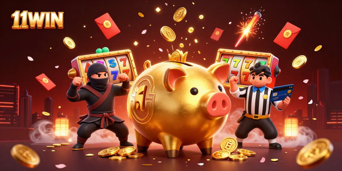 Experience exciting slots action with 11WIN's vibrant casino illustration, featuring dynamic characters and rich elements.