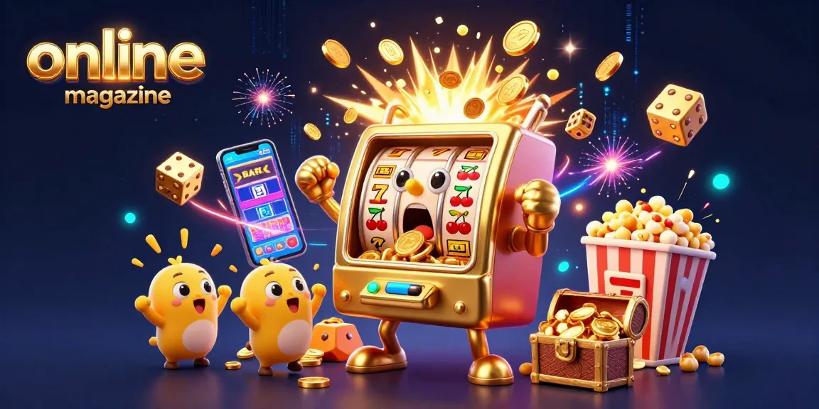 Catch the excitement of the online magazine scene with a slot machine hitting a jackpot surrounded by vibrant casino elements.