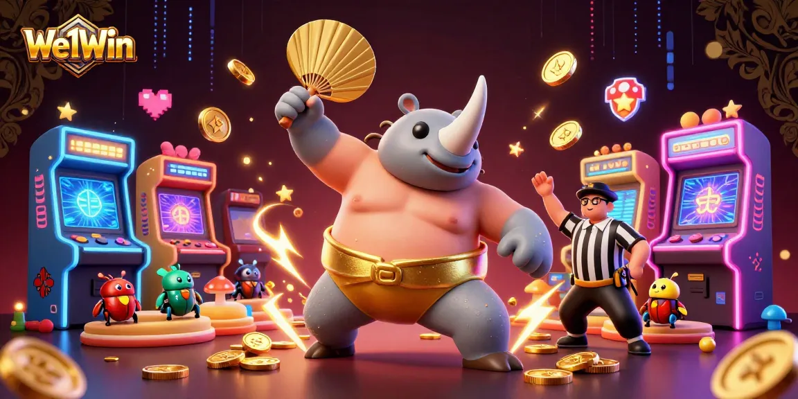 Join the We1Win action with the sumo beetle champion celebrating wins amid vibrant arcade games.