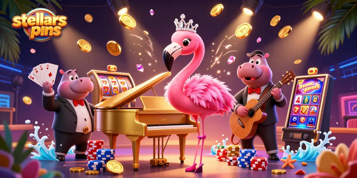 Experience stellarspins with dancing flamingo, excitement of slot reels, and vibrant casino ambiance.