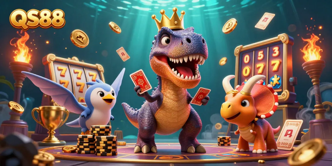Experience thrilling gameplay at QS88 with a playful T-Rex, chipping away in a vibrant casino scene.