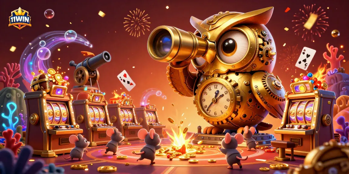 Experience the thrill of the casino with 11WIN as the clockwork owl oversees a vibrant gaming scene.