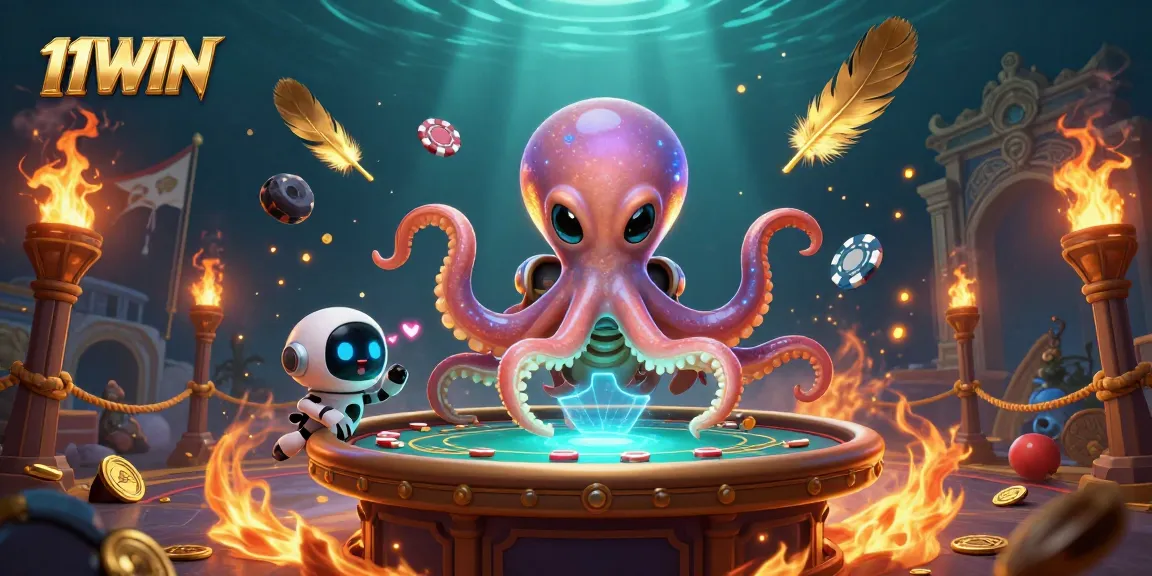 11WIN showcases a lively holographic poker scene with an alien octopus and vibrant betting elements.