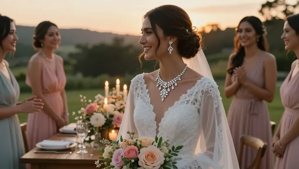 Bridal scene featuring a stunning bride jewellery set, capturing elegance and romance in soft lighting.