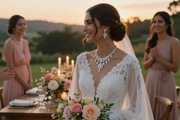 Bridal scene featuring a stunning bride jewellery set, capturing elegance and romance in soft lighting.