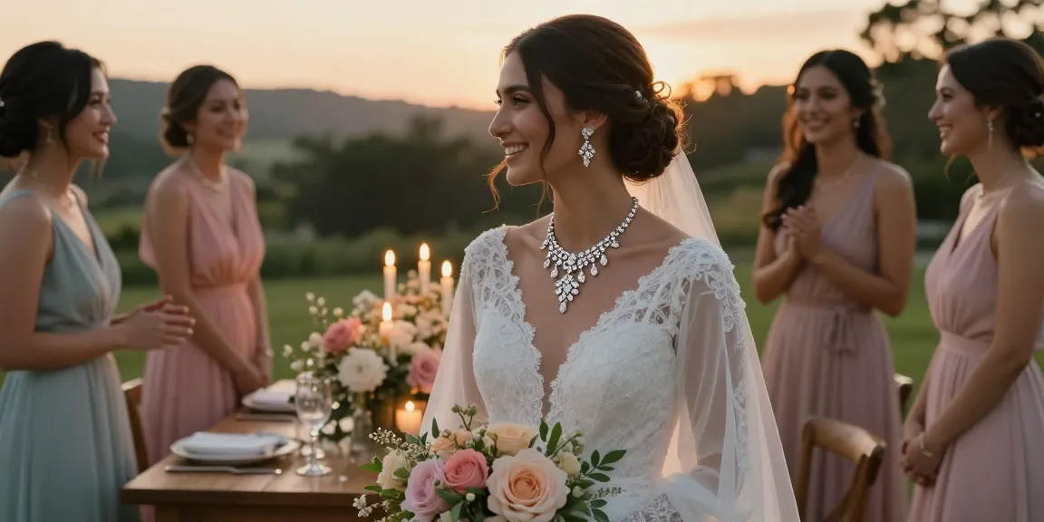 Bridal scene featuring a stunning bride jewellery set, capturing elegance and romance in soft lighting.